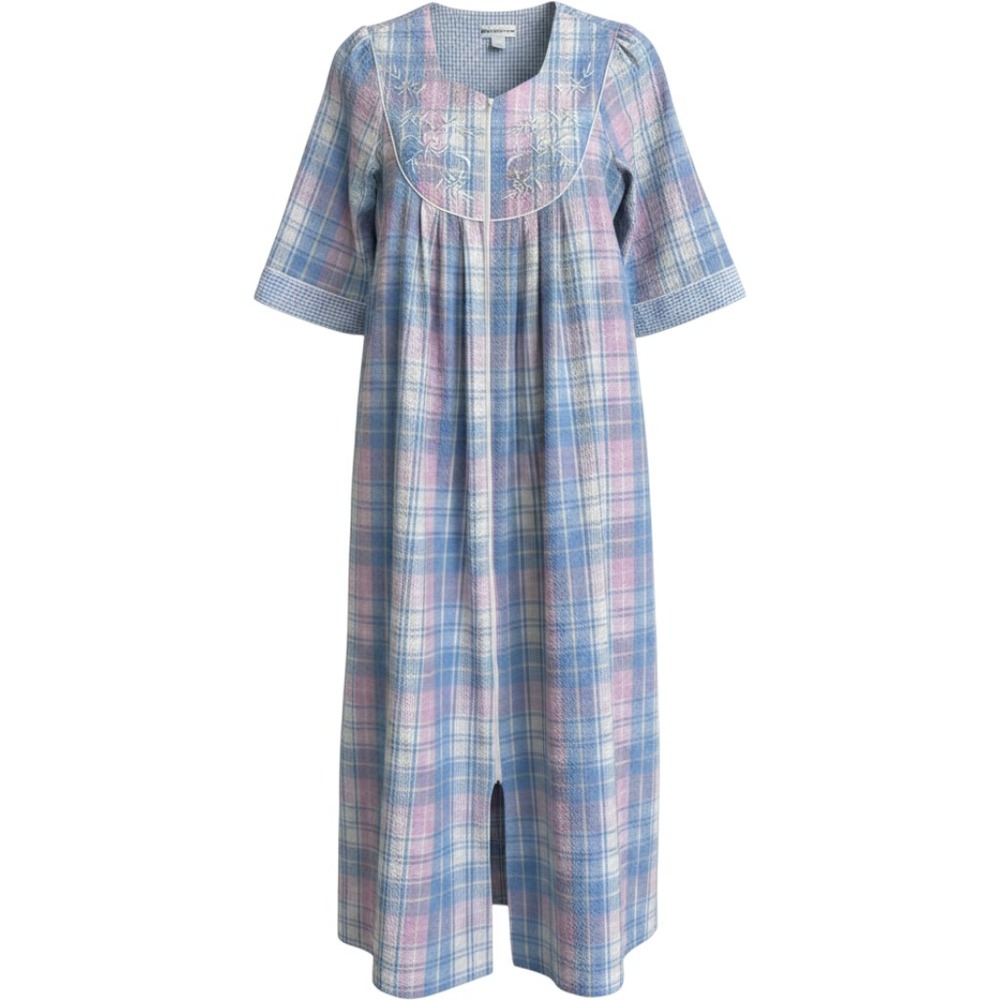 Miss Elaine Seersucker Zip Front Robe Blue Pink Plaid Floral Embroidery Small